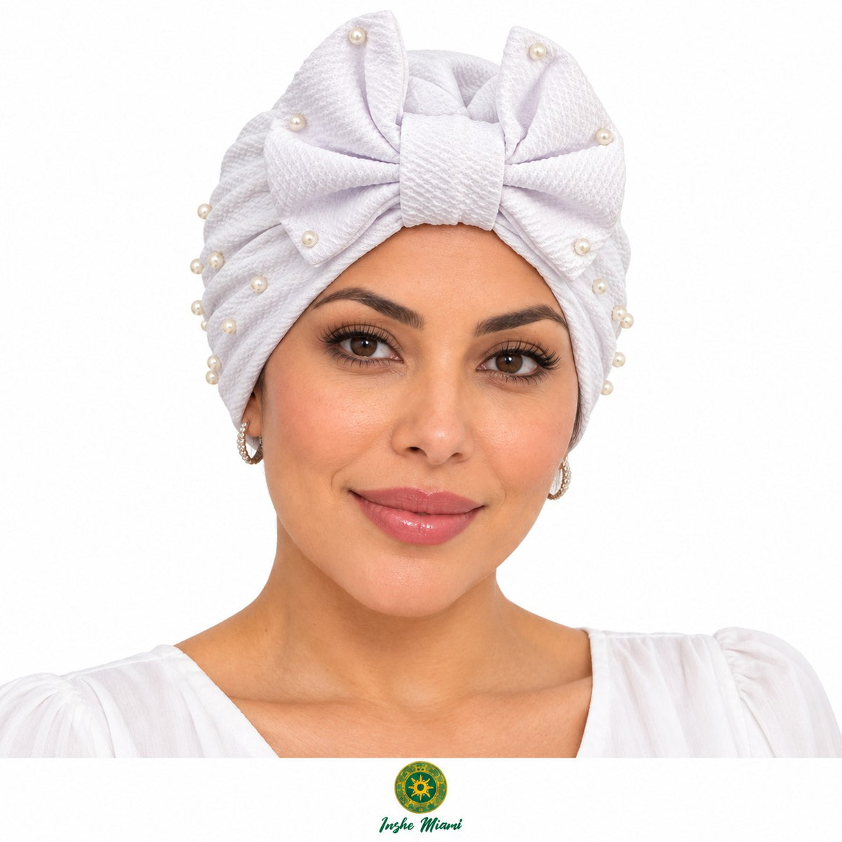 White Beanie with Bow and Pearls – Stretchy for Women and Girls | Inshe Miami