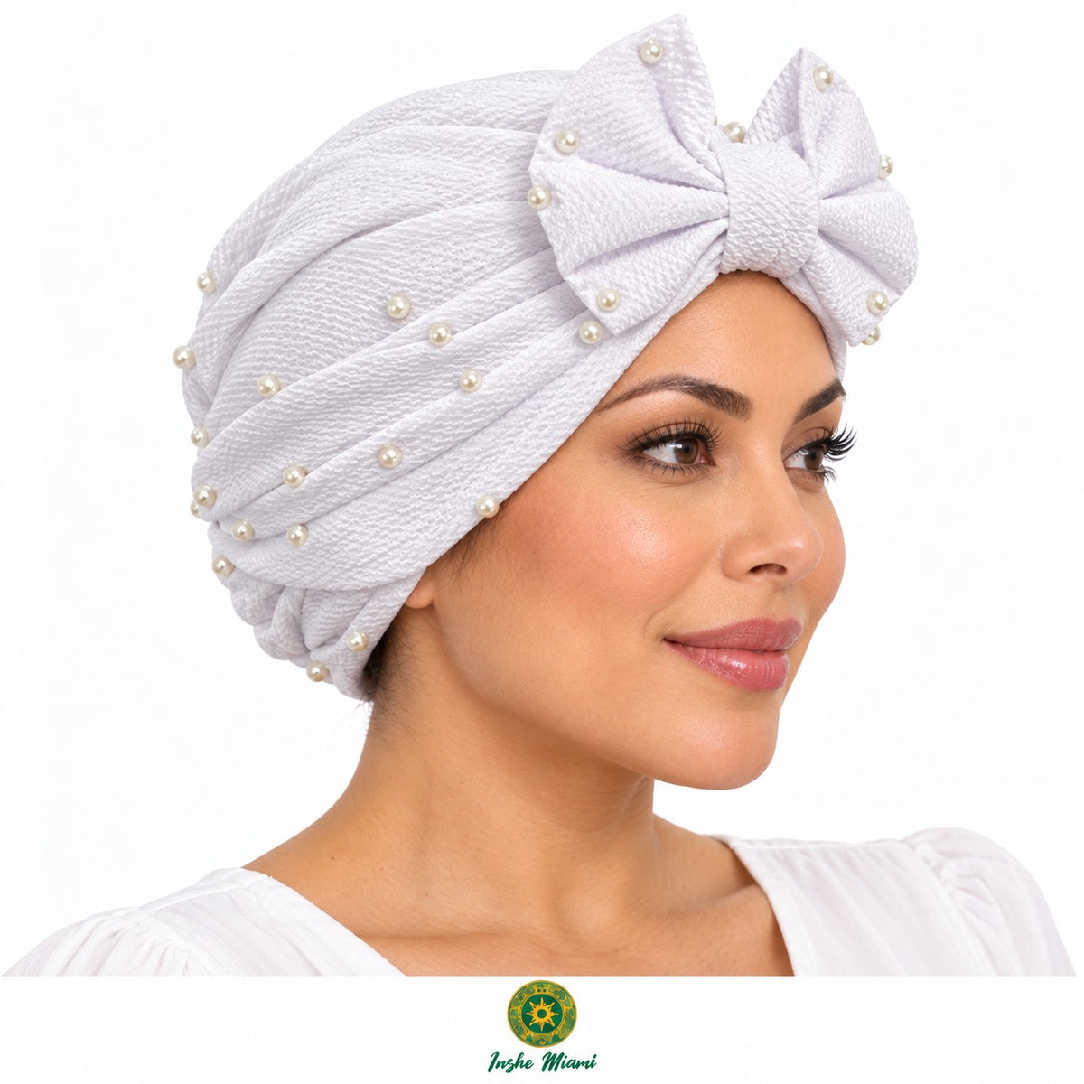 White Beanie with Bow and Pearls – Stretchy for Women and Girls | Inshe Miami