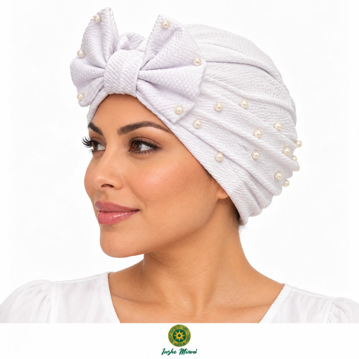 White Beanie with Bow and Pearls – Stretchy for Women and Girls | Inshe Miami