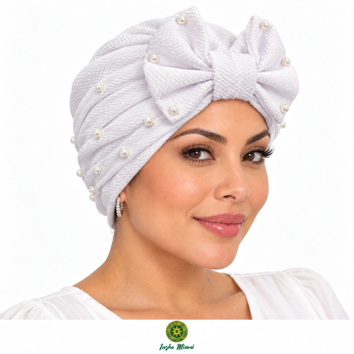 White Beanie with Bow and Pearls – Stretchy for Women and Girls | Inshe Miami