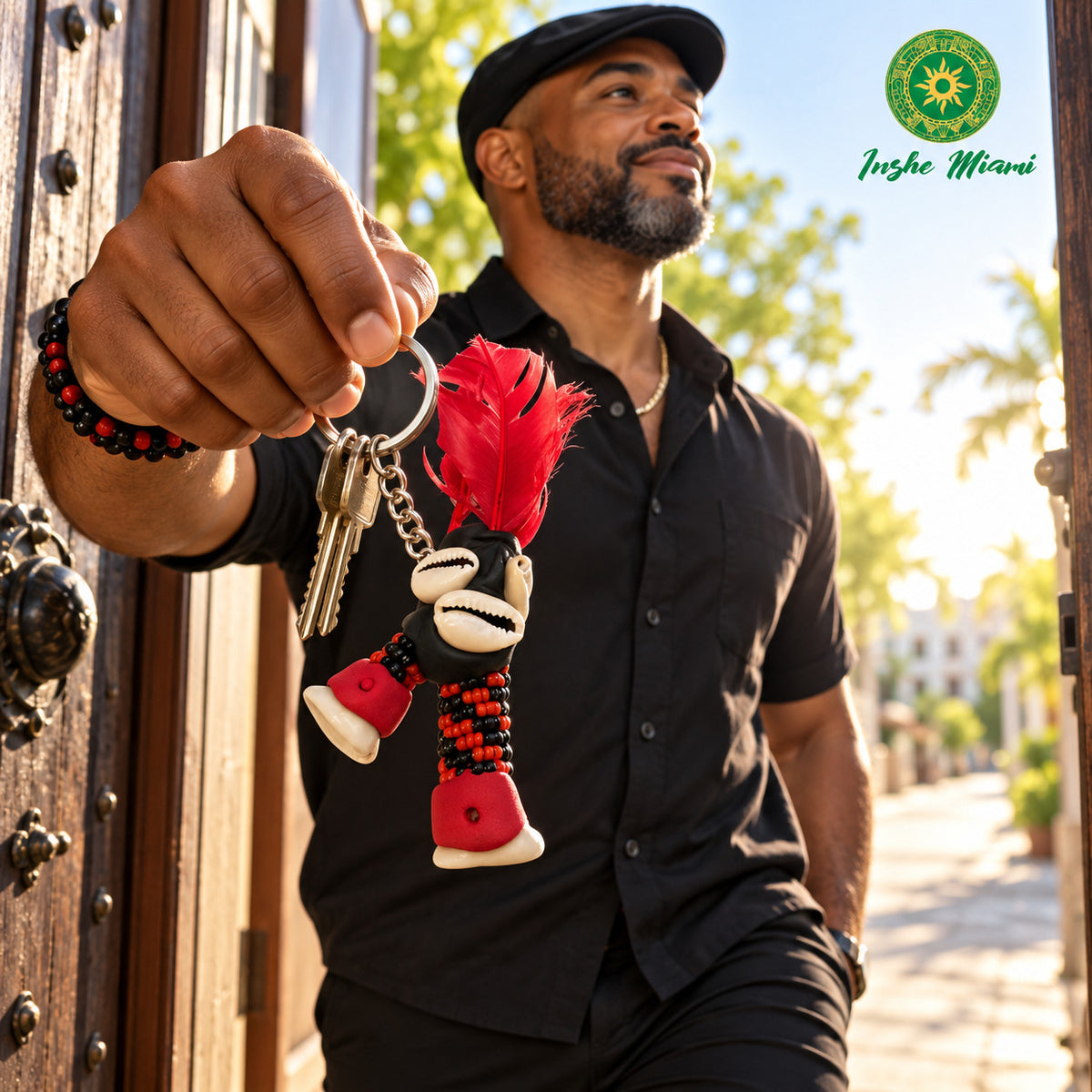 Eleguá Keychain with Garabato – Handcrafted with Cowrie Shells and Feather | Inshe Miami