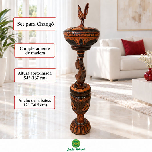 Set para Changó de Madera Tallada con Gallo y Caballo, 54″ | Inshe Miami
