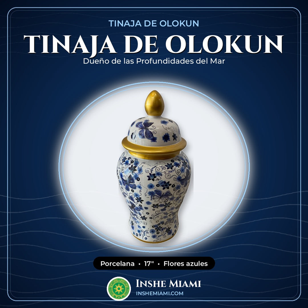 Tinaja de Olokun con Flores Azules 17" | Inshe Miami