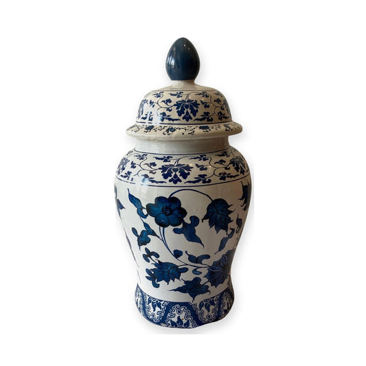 Tinaja de Olokun con Flores y Tapa Azul 17"