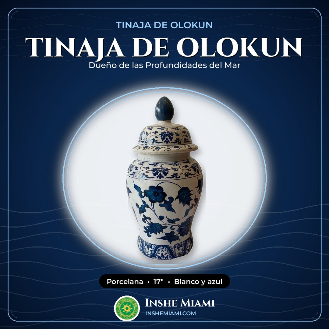 Tinaja de Olokun con Flores y Tapa Azul 17" | Inshe Miami