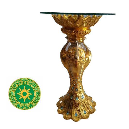 GOLDEN PEACOCK PEDESTAL WITH GLASS